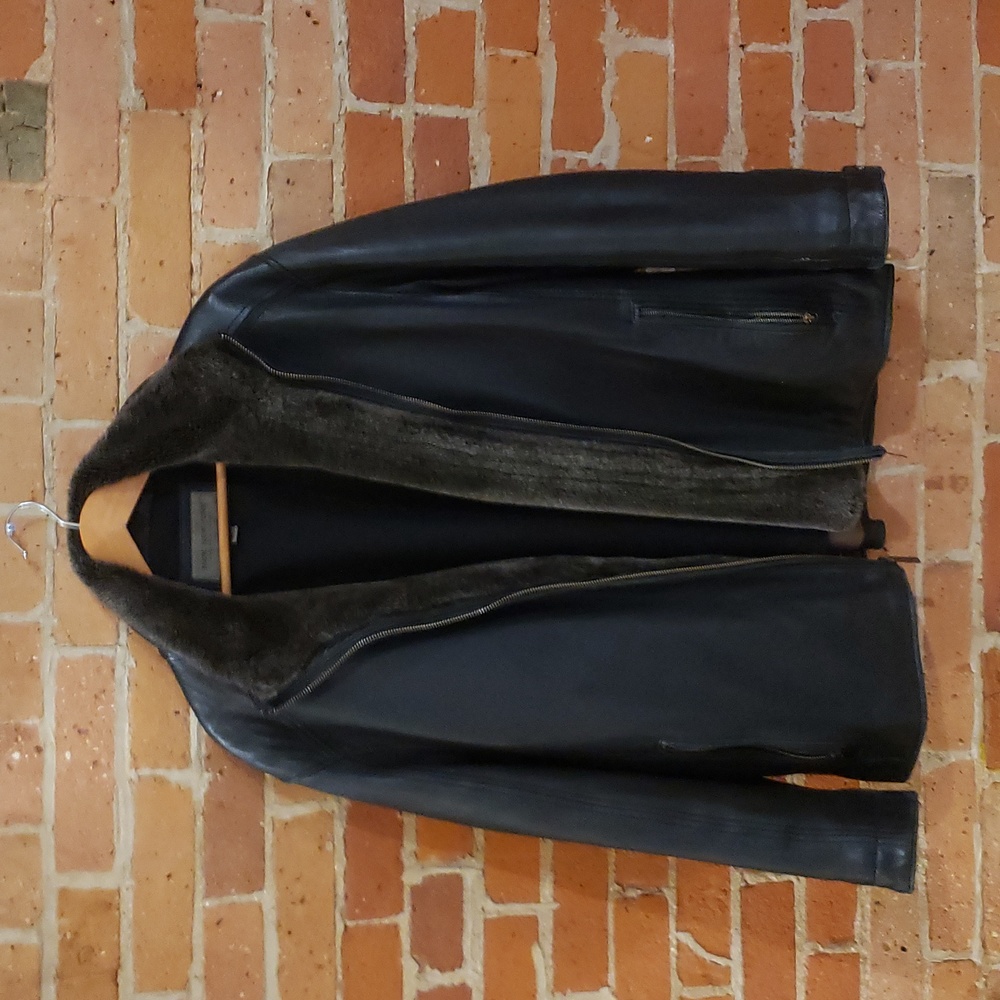 Andrew Marc Men's Black Leather Jacket with Faux Fur Collar